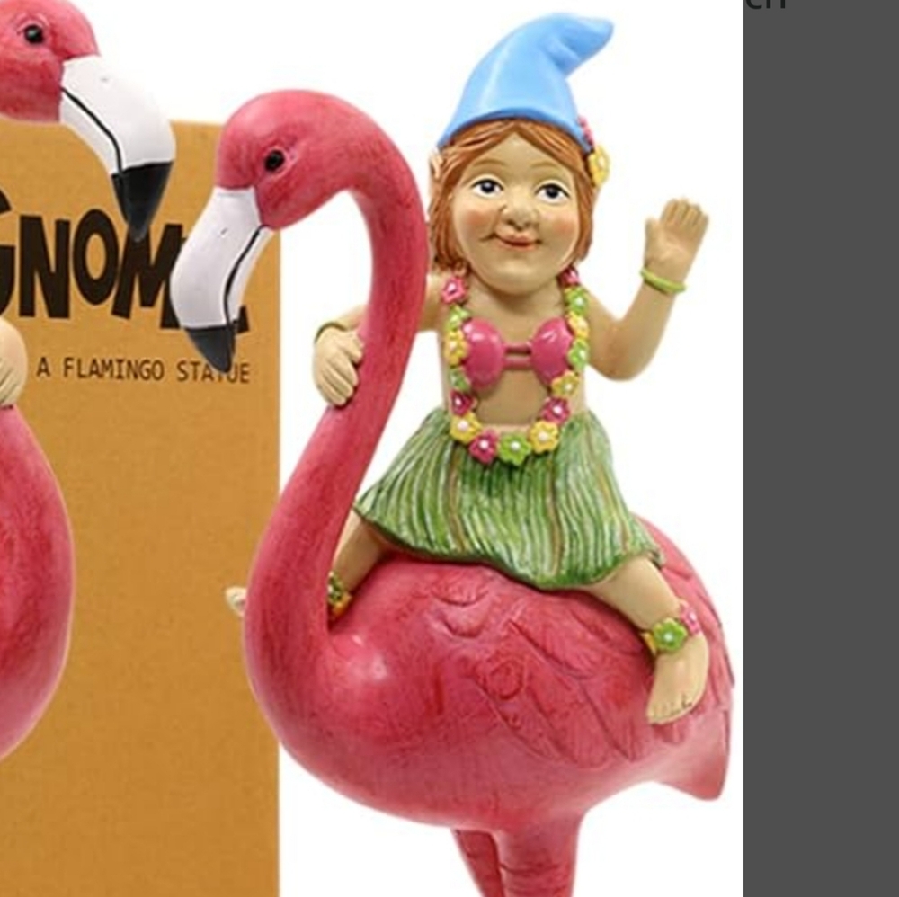 NIB Whimsical Flamingo and Gnome Statue